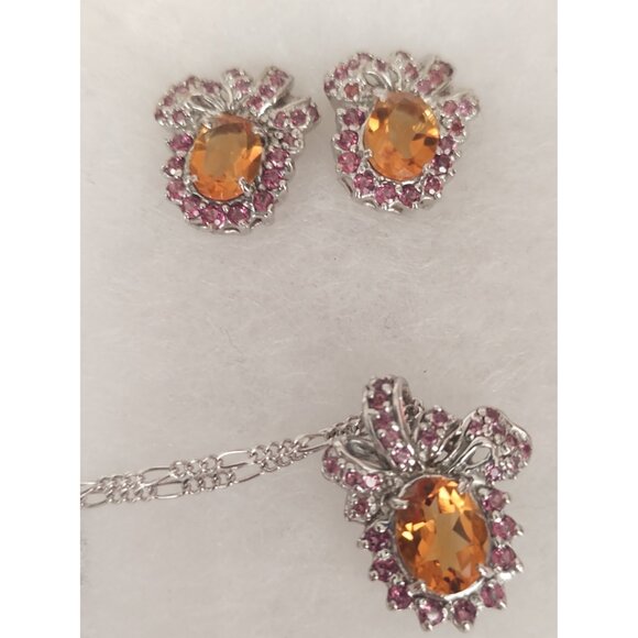 Women's 16" Sterling Silver Necklace & Pendant & Earrings Citrine & Garnet - Picture 7 of 10